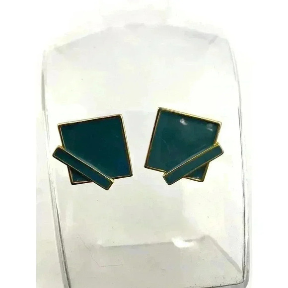 VTG Gold Tone Square Green Enamel Earrings Retro 1" Stamped R - Picture 8 of 11